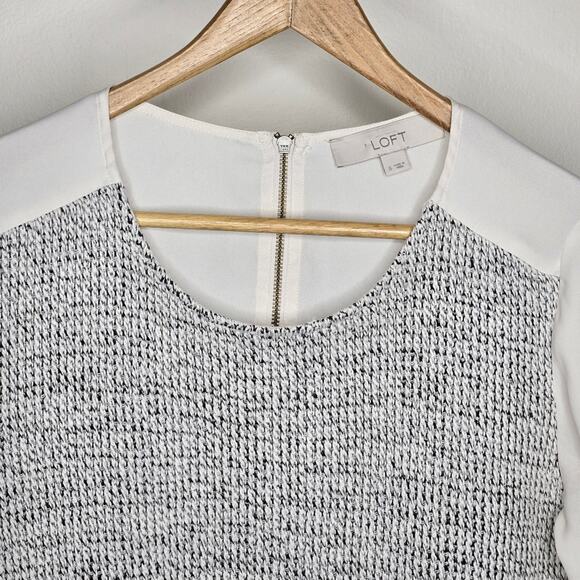 LOFT Cream & Gray Mixed Media Knit Front Panel Long Sleeve Blouse Size Small - Picture 2 of 10